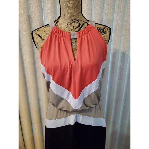 EUC- The London Collection - Maxi Dress- Coral Colorblock - Small - Picture 2 of 7